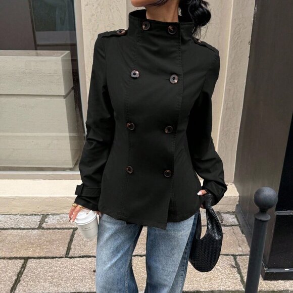 Black Casual Women's Double-Breasted Long Sleeve Trench mini Coat jacket - Picture 4 of 5
